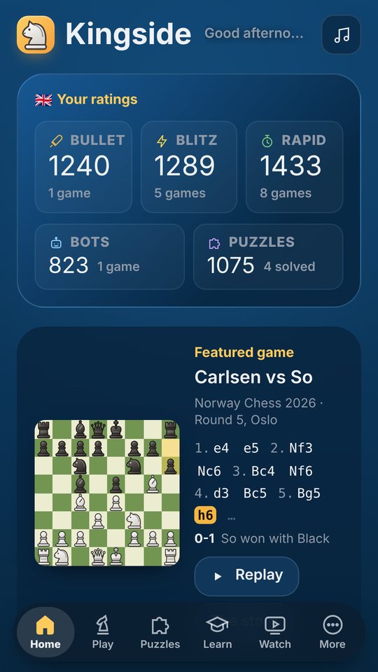 Kingside home screen with ratings